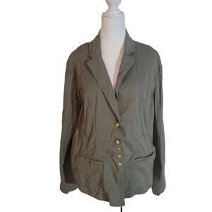 Chico's Size 3 US XL 16 Olive Green Jacket Stretch Unlined Gold Button Up Casual